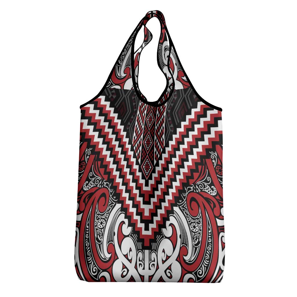 Maori Tukutuku Taniko Motifs Grocery Bag Red Poutama Mix Kowhaiwhai LT7 - Polynesian Pride