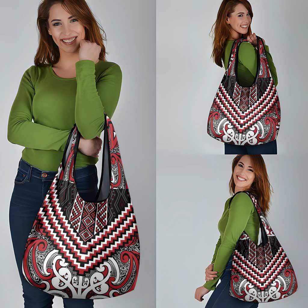 Maori Tukutuku Taniko Motifs Grocery Bag Red Poutama Mix Kowhaiwhai LT7 - Polynesian Pride