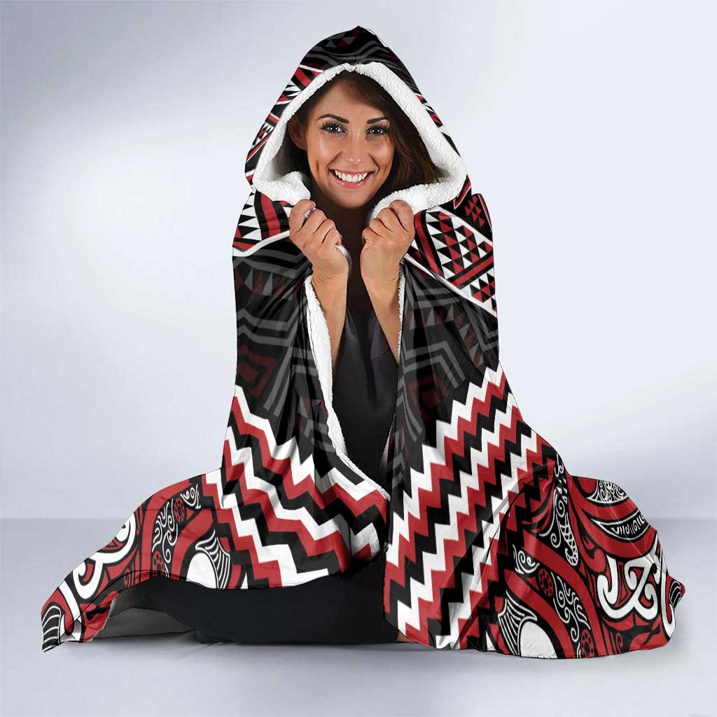 Maori Tukutuku Taniko Motifs Hooded Blanket Red Poutama Mix Kowhaiwhai LT7 - Polynesian Pride