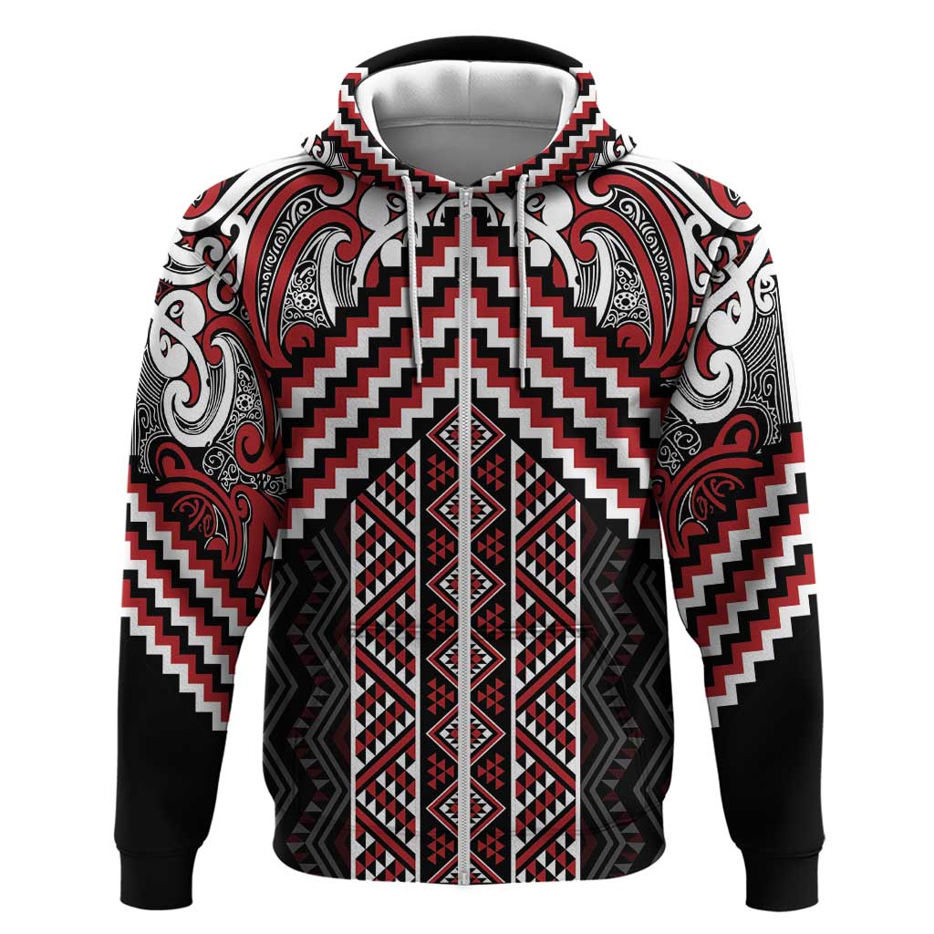 Maori Tukutuku Taniko Motifs Hoodie Red Poutama Mix Kowhaiwhai LT7 Zip Hoodie Red - Polynesian Pride