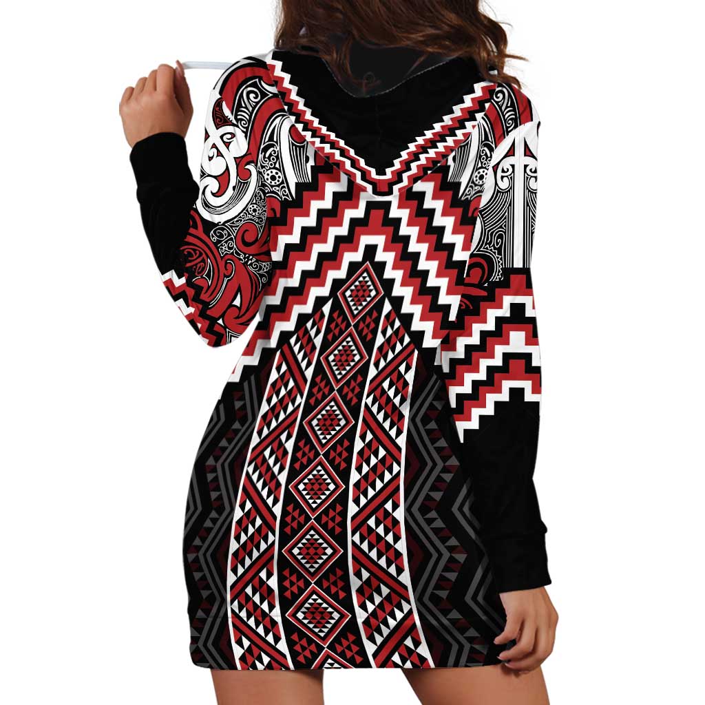Maori Tukutuku Taniko Motifs Hoodie Dress Red Poutama Mix Kowhaiwhai LT7 - Polynesian Pride