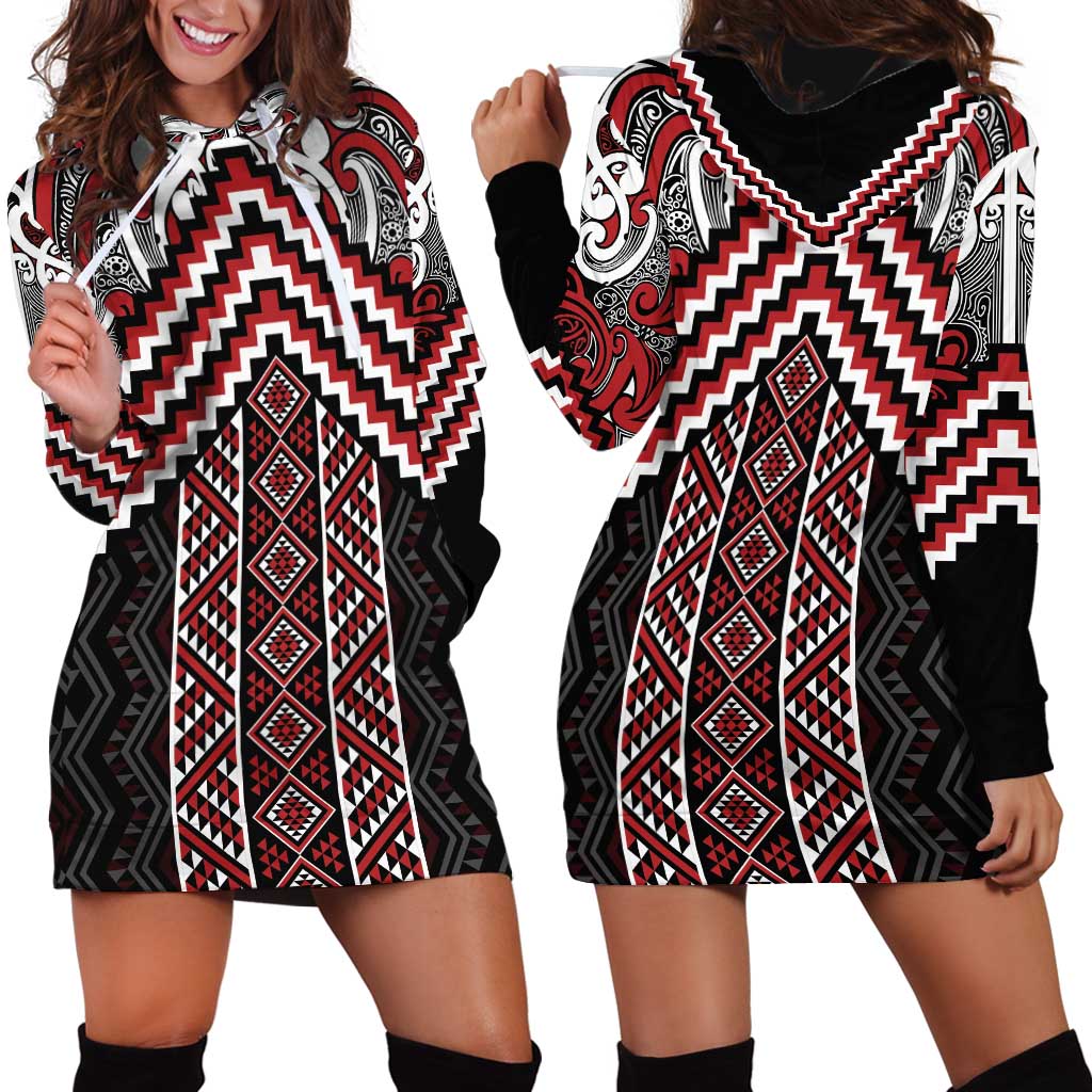 Maori Tukutuku Taniko Motifs Hoodie Dress Red Poutama Mix Kowhaiwhai LT7 - Polynesian Pride