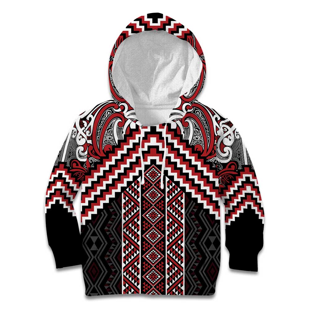Maori Tukutuku Taniko Motifs Kid Hoodie Red Poutama Mix Kowhaiwhai LT7 Hoodie Red - Polynesian Pride