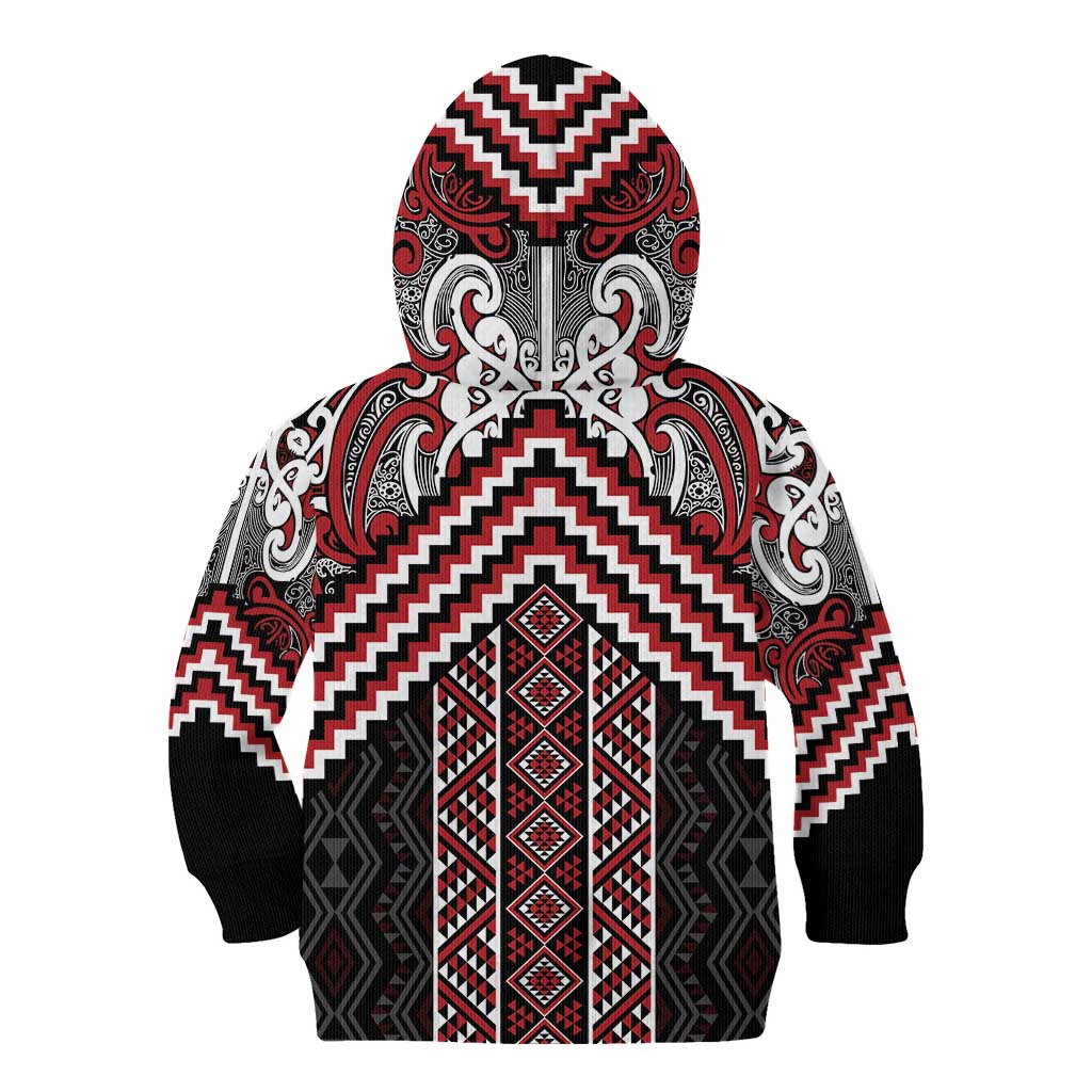 Maori Tukutuku Taniko Motifs Kid Hoodie Red Poutama Mix Kowhaiwhai LT7 - Polynesian Pride