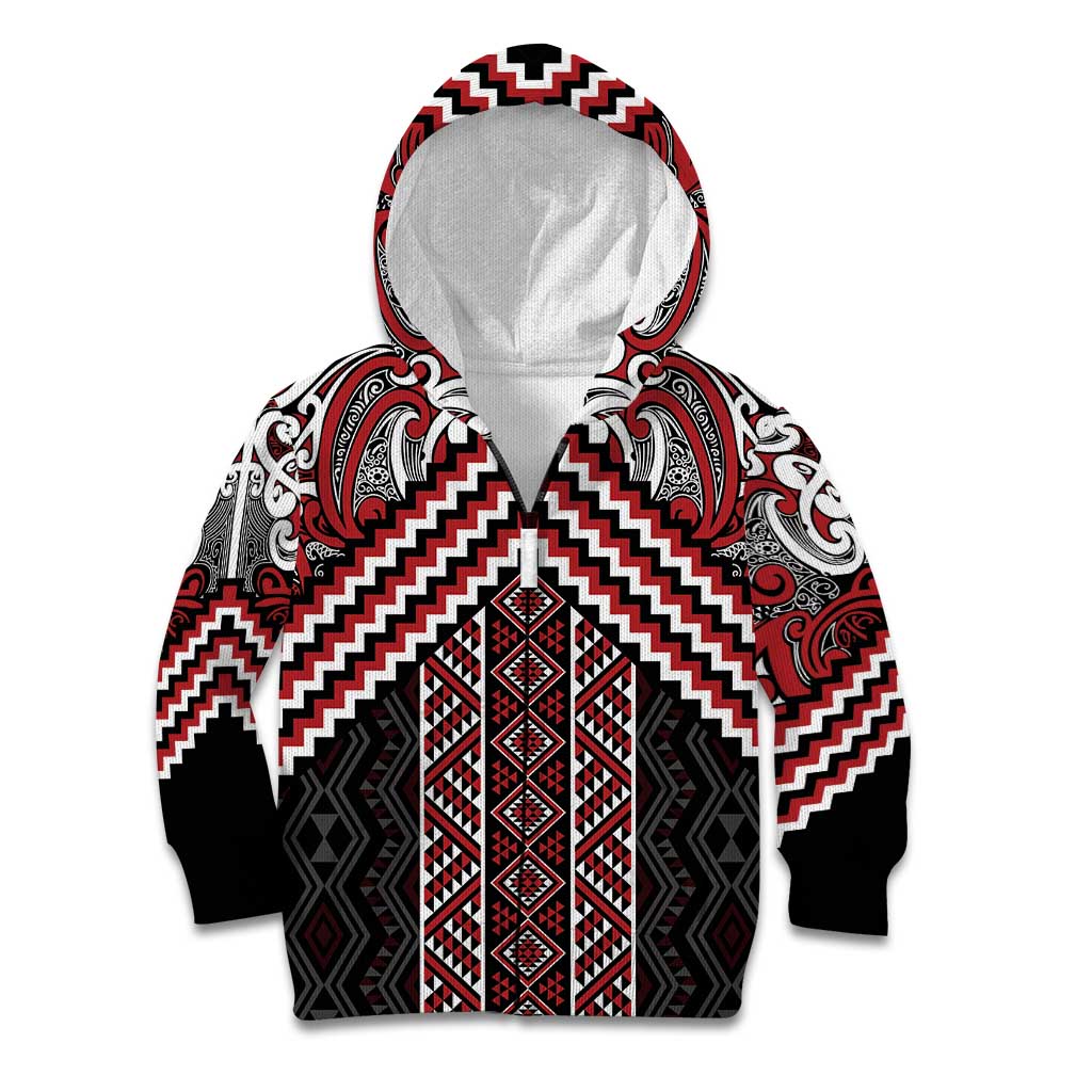 Maori Tukutuku Taniko Motifs Kid Hoodie Red Poutama Mix Kowhaiwhai LT7 Zip Hoodie Red - Polynesian Pride