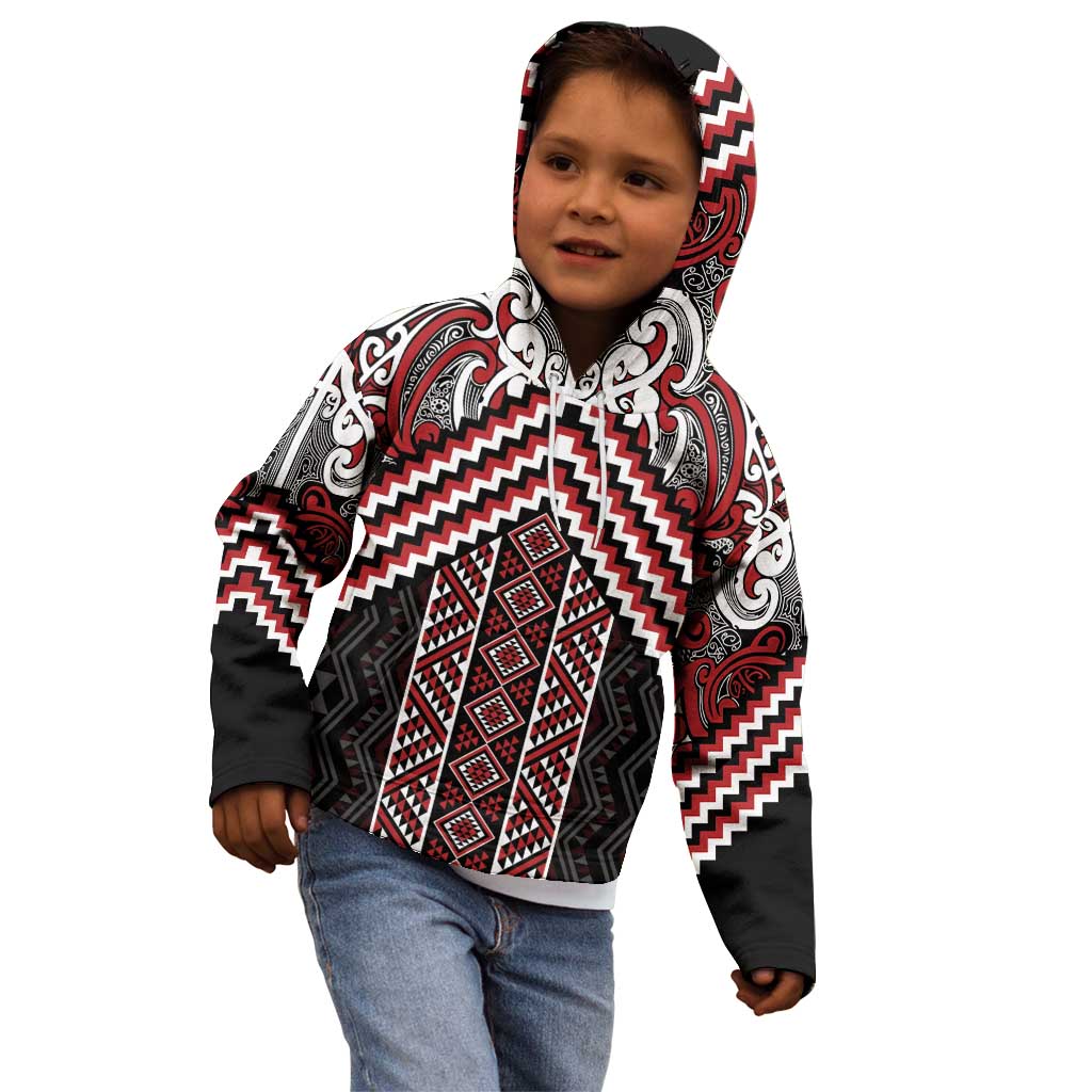 Maori Tukutuku Taniko Motifs Kid Hoodie Red Poutama Mix Kowhaiwhai LT7 - Polynesian Pride