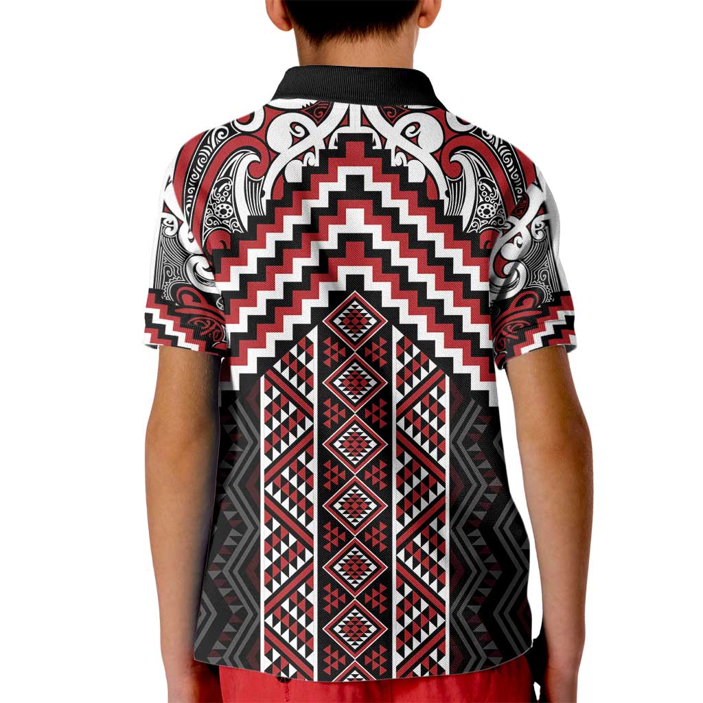 Maori Tukutuku Taniko Motifs Kid Polo Shirt Red Poutama Mix Kowhaiwhai LT7 - Polynesian Pride