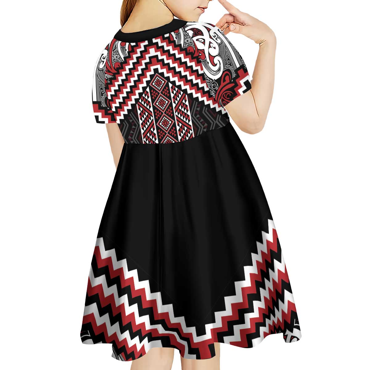 Maori Tukutuku Taniko Motifs Kid Short Sleeve Dress Red Poutama Mix Kowhaiwhai LT7 - Polynesian Pride
