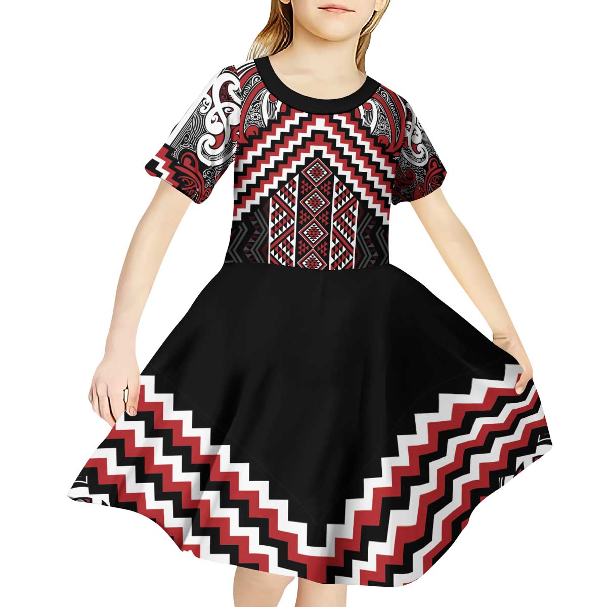 Maori Tukutuku Taniko Motifs Kid Short Sleeve Dress Red Poutama Mix Kowhaiwhai LT7 - Polynesian Pride