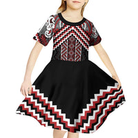 Maori Tukutuku Taniko Motifs Kid Short Sleeve Dress Red Poutama Mix Kowhaiwhai LT7 - Polynesian Pride