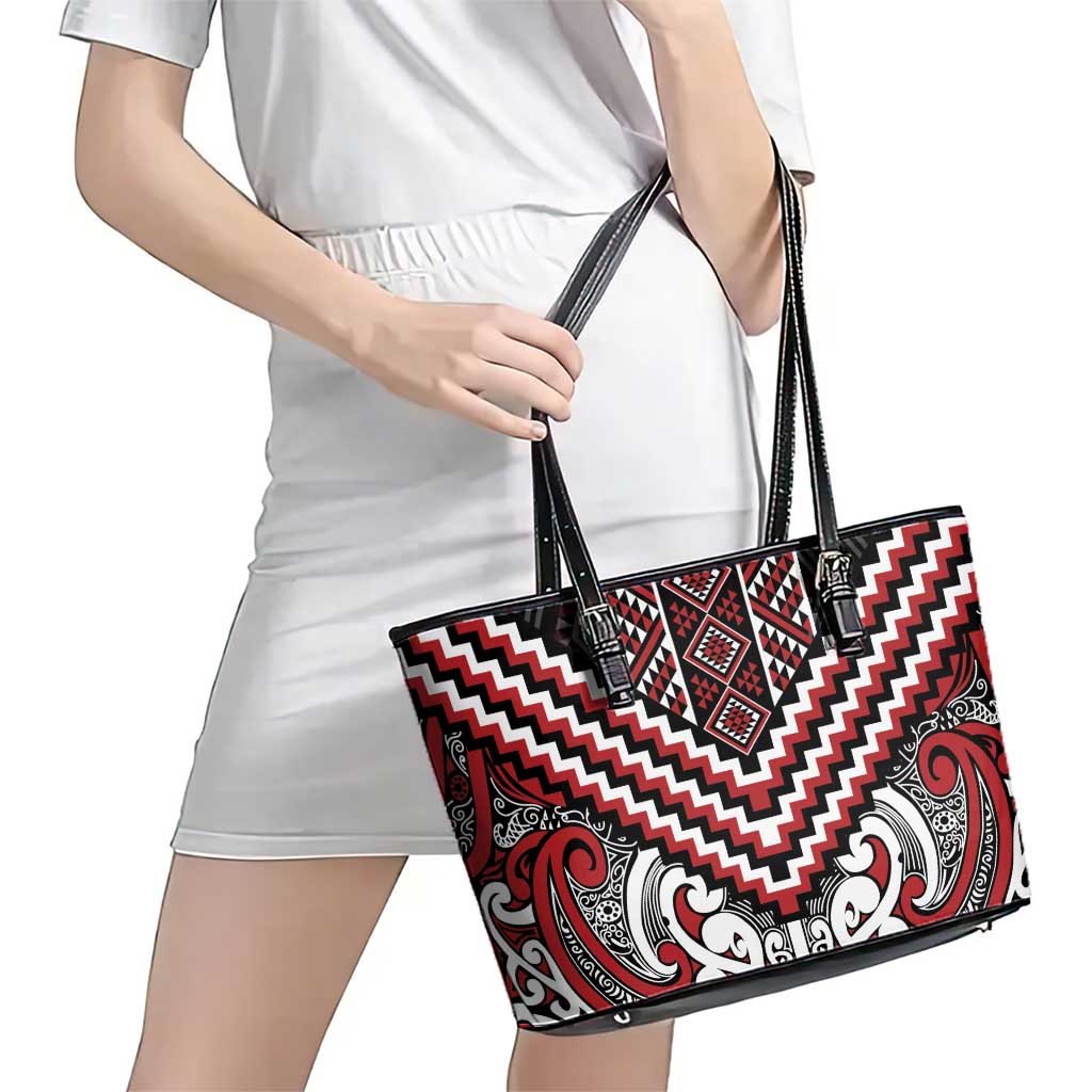 Maori Tukutuku Taniko Motifs Leather Tote Bag Red Poutama Mix Kowhaiwhai LT7 - Polynesian Pride
