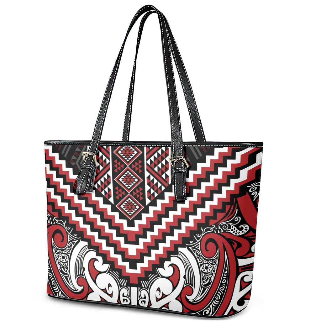 Maori Tukutuku Taniko Motifs Leather Tote Bag Red Poutama Mix Kowhaiwhai LT7 - Polynesian Pride