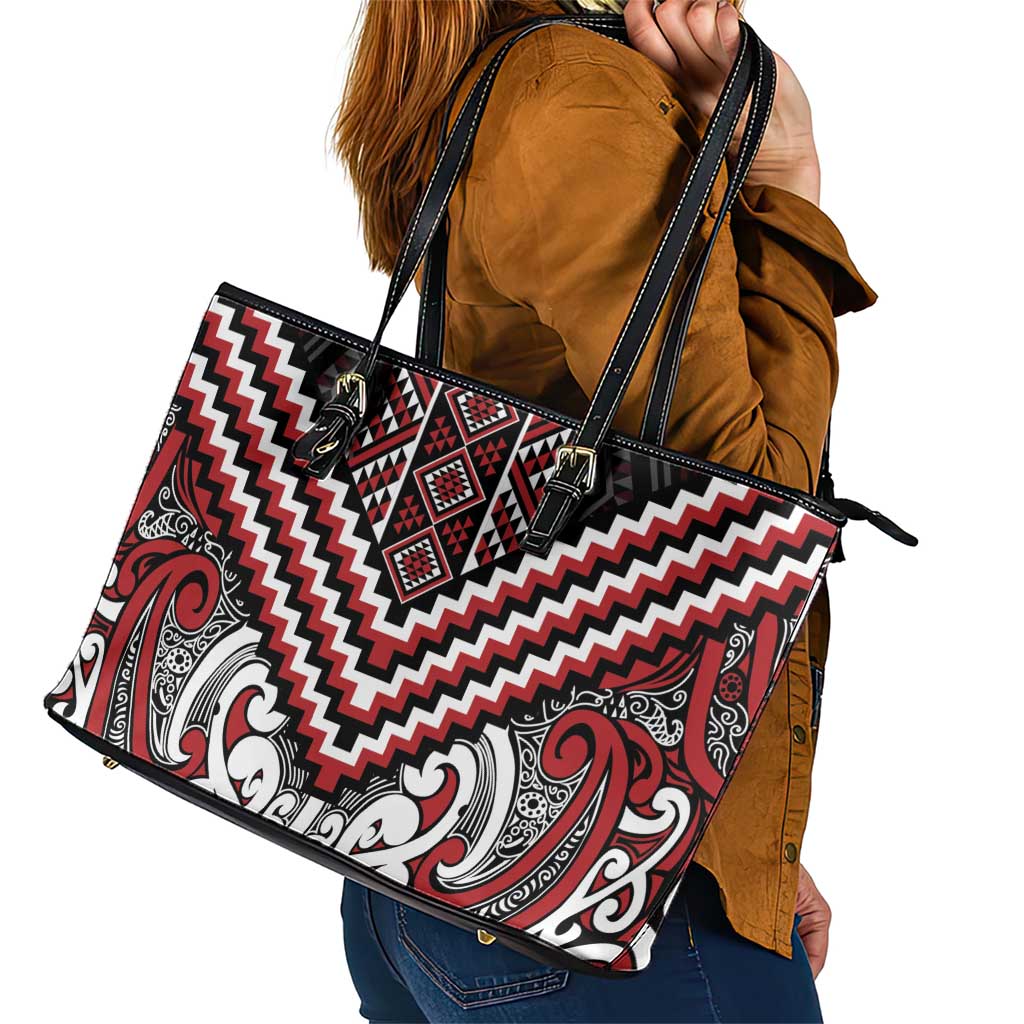 Maori Tukutuku Taniko Motifs Leather Tote Bag Red Poutama Mix Kowhaiwhai LT7 - Polynesian Pride
