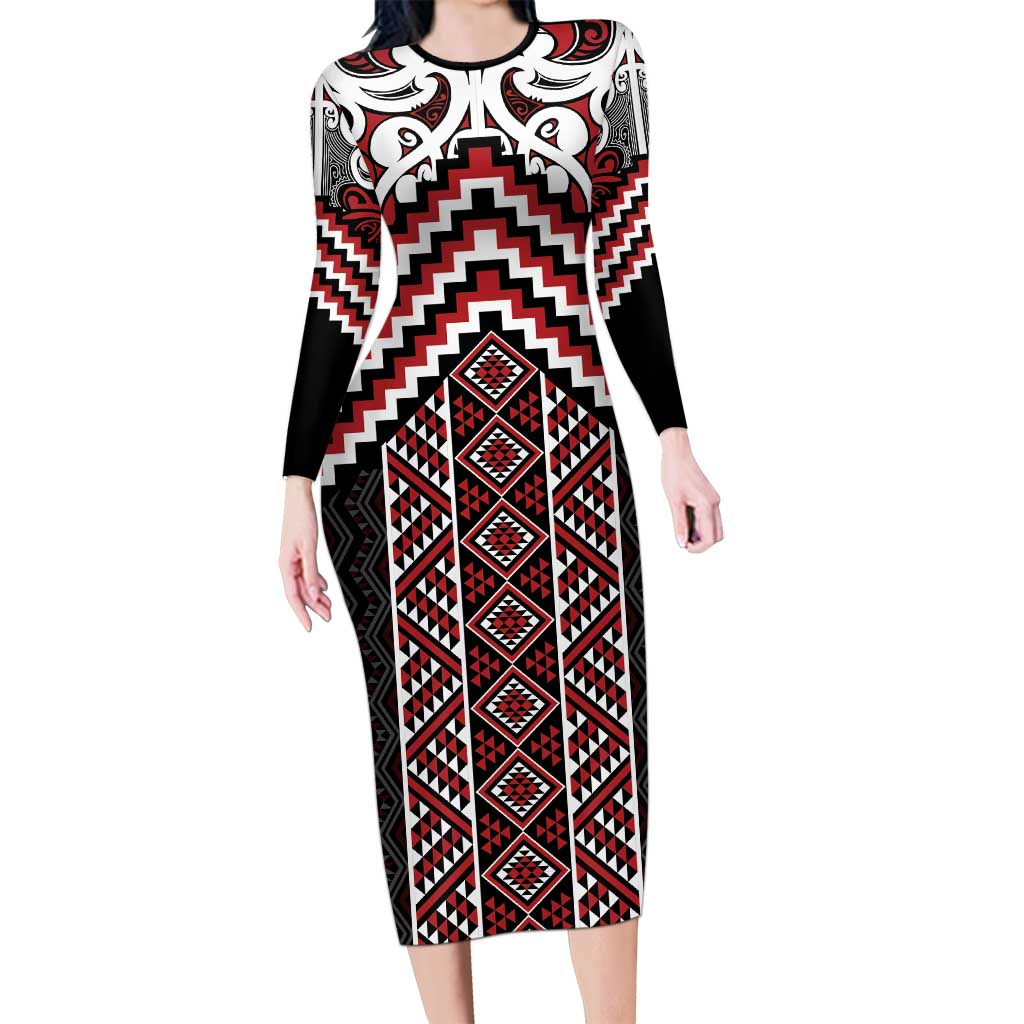 Maori Tukutuku Taniko Motifs Long Sleeve Bodycon Dress Red Poutama Mix Kowhaiwhai LT7 Long Dress Red - Polynesian Pride