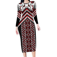 Maori Tukutuku Taniko Motifs Long Sleeve Bodycon Dress Red Poutama Mix Kowhaiwhai LT7 Long Dress Red - Polynesian Pride