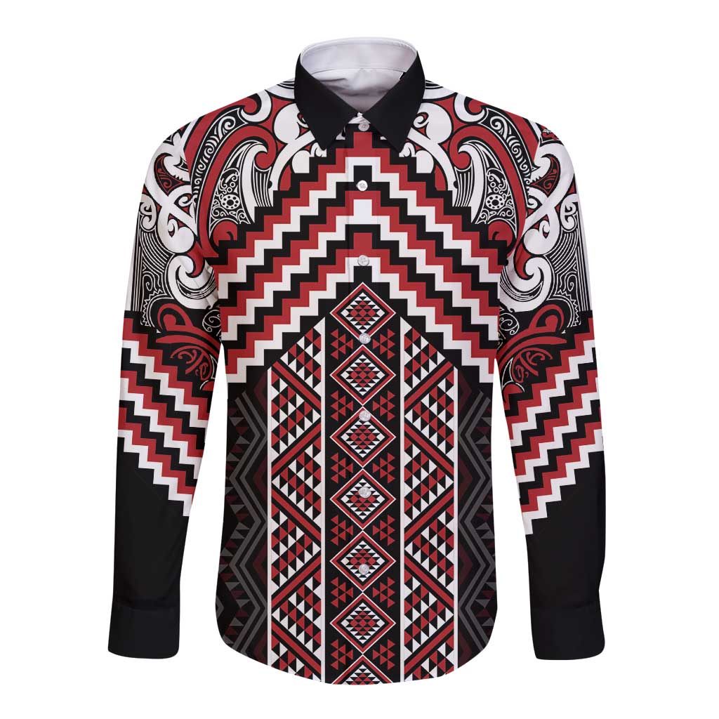 Maori Tukutuku Taniko Motifs Long Sleeve Button Shirt Red Poutama Mix Kowhaiwhai LT7 Unisex Red - Polynesian Pride