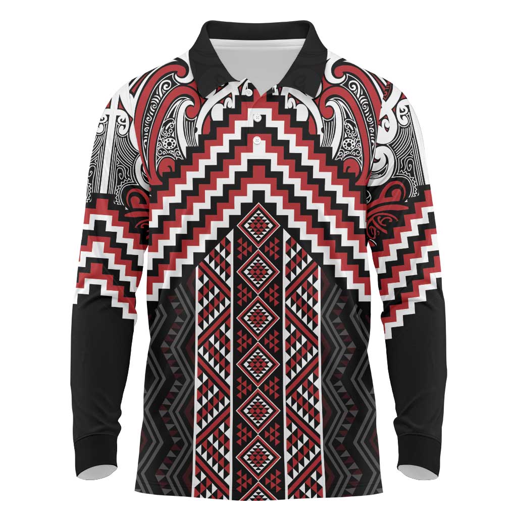 Maori Tukutuku Taniko Motifs Long Sleeve Polo Shirt Red Poutama Mix Kowhaiwhai LT7 Red - Polynesian Pride