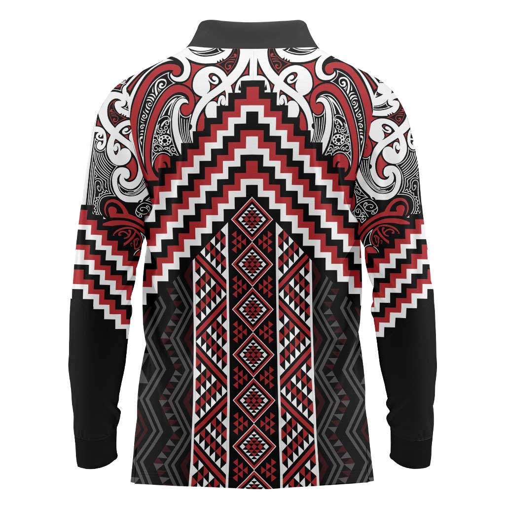 Maori Tukutuku Taniko Motifs Long Sleeve Polo Shirt Red Poutama Mix Kowhaiwhai LT7 - Polynesian Pride