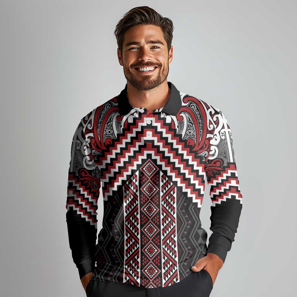 Maori Tukutuku Taniko Motifs Long Sleeve Polo Shirt Red Poutama Mix Kowhaiwhai LT7 - Polynesian Pride