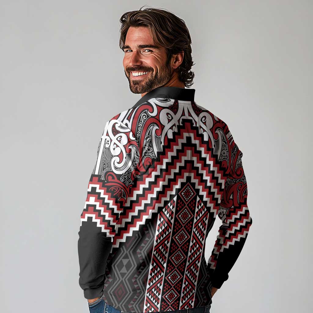 Maori Tukutuku Taniko Motifs Long Sleeve Polo Shirt Red Poutama Mix Kowhaiwhai LT7 - Polynesian Pride