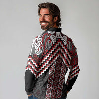 Maori Tukutuku Taniko Motifs Long Sleeve Polo Shirt Red Poutama Mix Kowhaiwhai LT7 - Polynesian Pride
