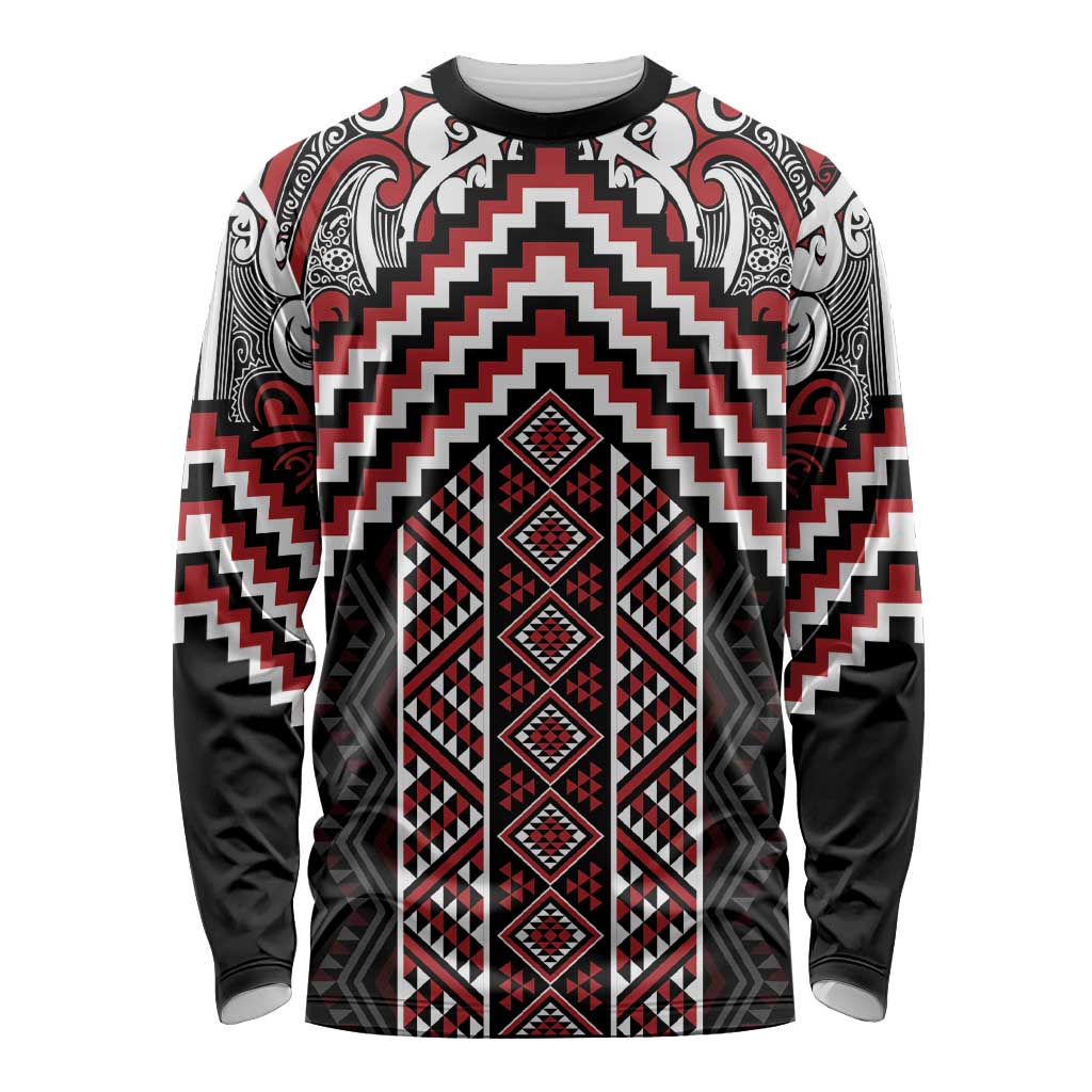 Maori Tukutuku Taniko Motifs Long Sleeve Shirt Red Poutama Mix Kowhaiwhai LT7 Unisex Red - Polynesian Pride