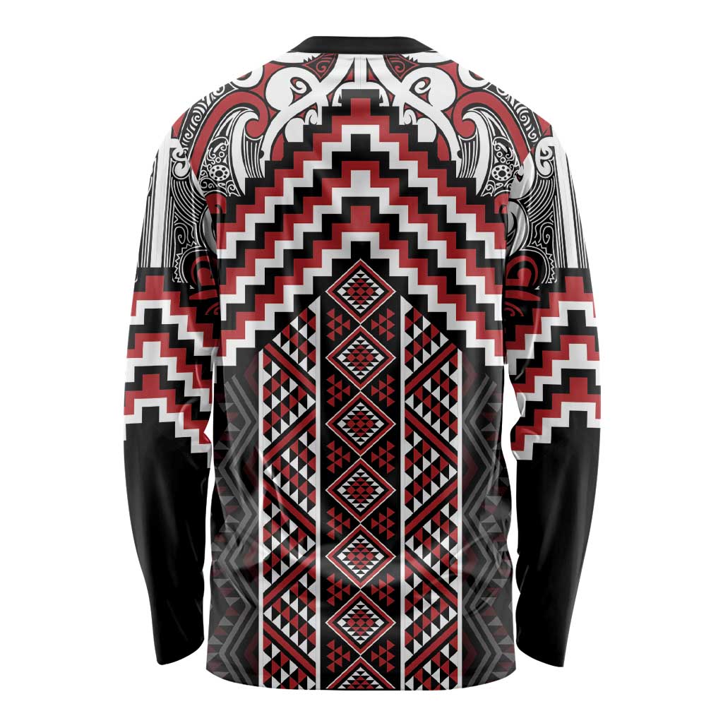 Maori Tukutuku Taniko Motifs Long Sleeve Shirt Red Poutama Mix Kowhaiwhai LT7 - Polynesian Pride