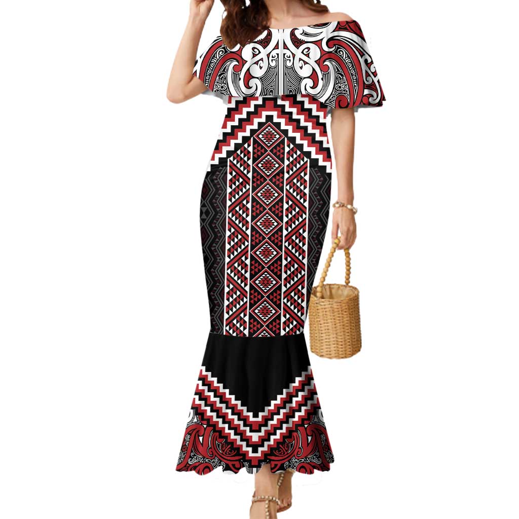 Maori Tukutuku Taniko Motifs Mermaid Dress Red Poutama Mix Kowhaiwhai LT7 Women Red - Polynesian Pride