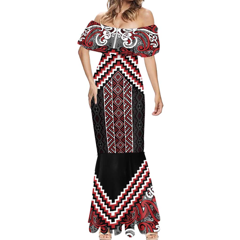 Maori Tukutuku Taniko Motifs Mermaid Dress Red Poutama Mix Kowhaiwhai LT7 - Polynesian Pride