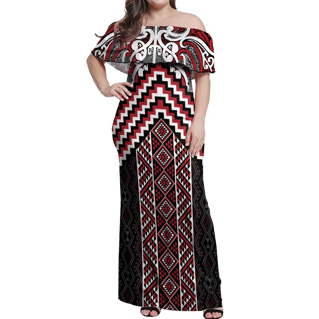 Maori Tukutuku Taniko Motifs Off Shoulder Maxi Dress Red Poutama Mix Kowhaiwhai LT7 Women Red - Polynesian Pride