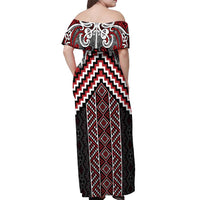 Maori Tukutuku Taniko Motifs Off Shoulder Maxi Dress Red Poutama Mix Kowhaiwhai LT7 - Polynesian Pride