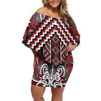 Maori Tukutuku Taniko Motifs Off Shoulder Short Dress Red Poutama Mix Kowhaiwhai LT7 Women Red - Polynesian Pride