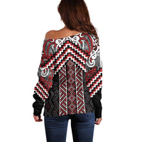 Maori Tukutuku Taniko Motifs Off Shoulder Sweater Red Poutama Mix Kowhaiwhai LT7 - Polynesian Pride