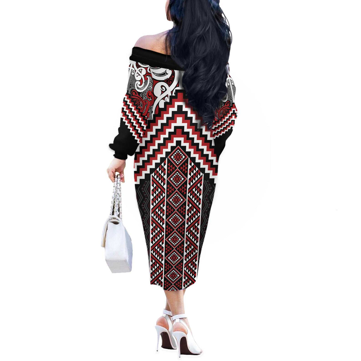 Maori Tukutuku Taniko Motifs Off The Shoulder Long Sleeve Dress Red Poutama Mix Kowhaiwhai LT7 - Polynesian Pride