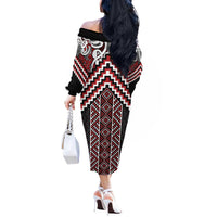 Maori Tukutuku Taniko Motifs Off The Shoulder Long Sleeve Dress Red Poutama Mix Kowhaiwhai LT7 - Polynesian Pride
