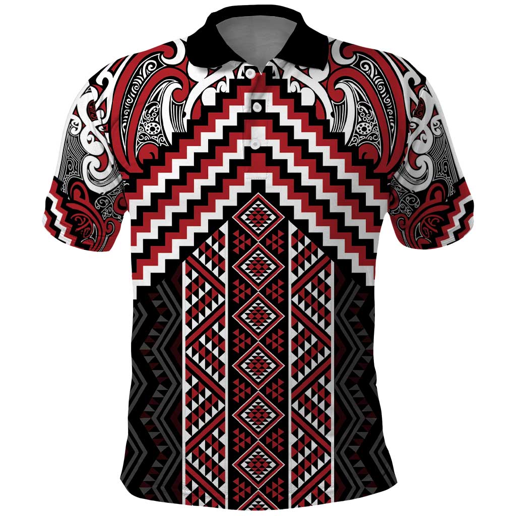 Maori Tukutuku Taniko Motifs Polo Shirt Red Poutama Mix Kowhaiwhai LT7 Red - Polynesian Pride