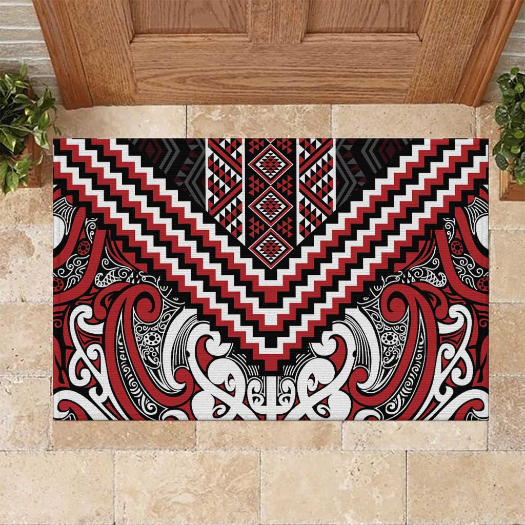 Maori Tukutuku Taniko Motifs Rubber Doormat Red Poutama Mix Kowhaiwhai LT7 Red - Polynesian Pride