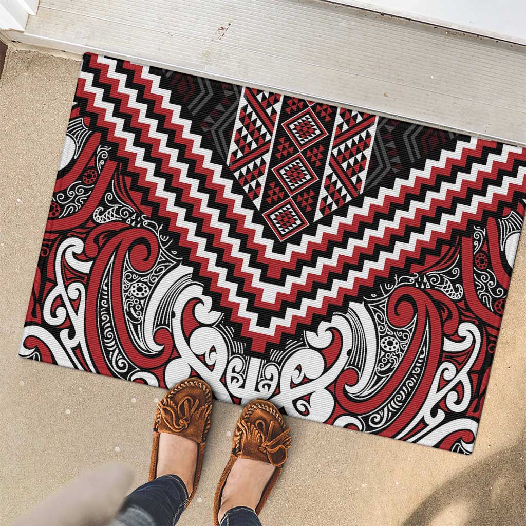 Maori Tukutuku Taniko Motifs Rubber Doormat Red Poutama Mix Kowhaiwhai LT7 - Polynesian Pride