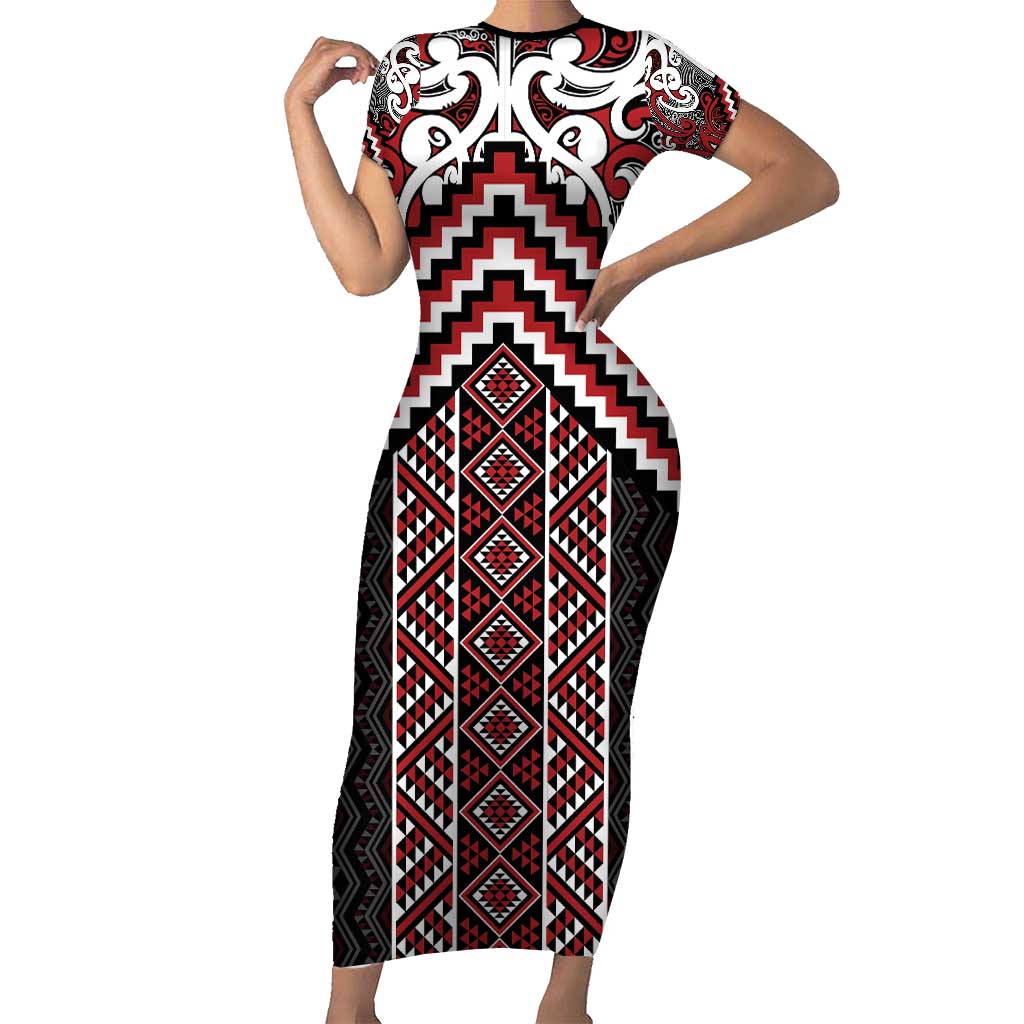 Maori Tukutuku Taniko Motifs Short Sleeve Bodycon Dress Red Poutama Mix Kowhaiwhai LT7 Long Dress Red - Polynesian Pride
