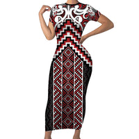 Maori Tukutuku Taniko Motifs Short Sleeve Bodycon Dress Red Poutama Mix Kowhaiwhai LT7 Long Dress Red - Polynesian Pride