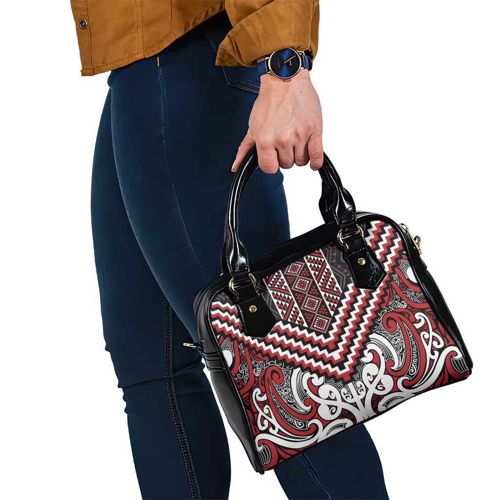 Maori Tukutuku Taniko Motifs Shoulder Handbag Red Poutama Mix Kowhaiwhai