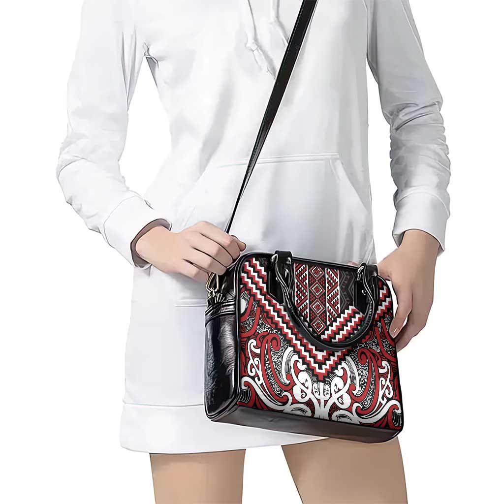Maori Tukutuku Taniko Motifs Shoulder Handbag Red Poutama Mix Kowhaiwhai