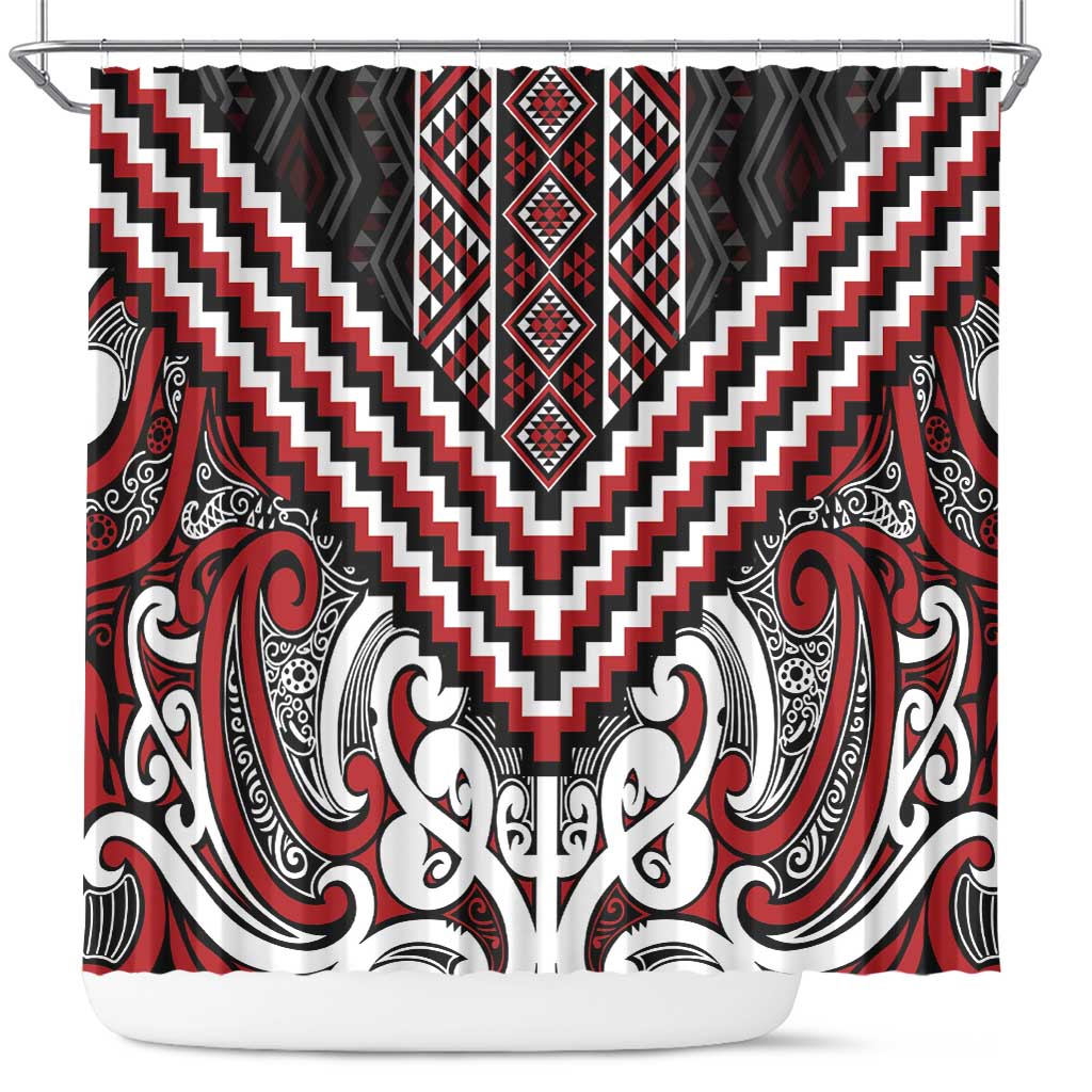 Maori Tukutuku Taniko Motifs Shower Curtain Red Poutama Mix Kowhaiwhai LT7 Red - Polynesian Pride