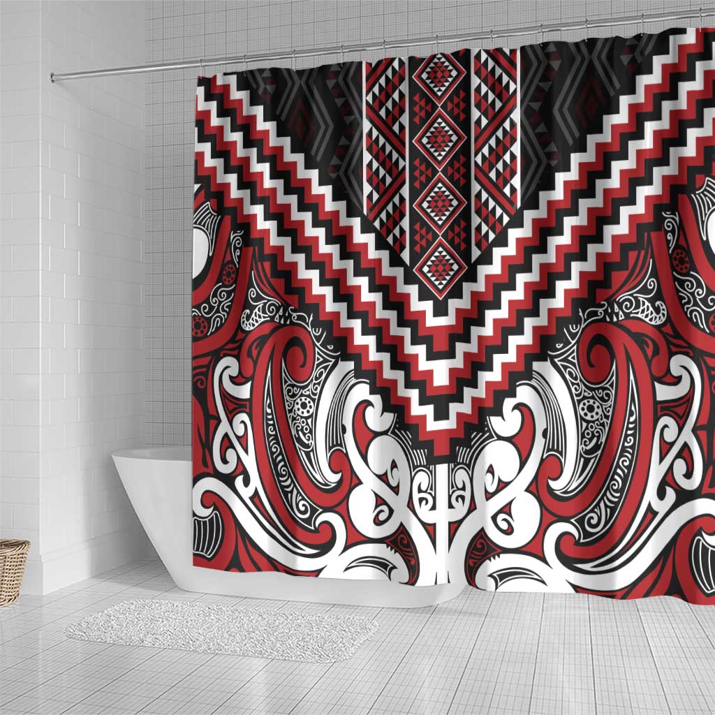 Maori Tukutuku Taniko Motifs Shower Curtain Red Poutama Mix Kowhaiwhai LT7 - Polynesian Pride