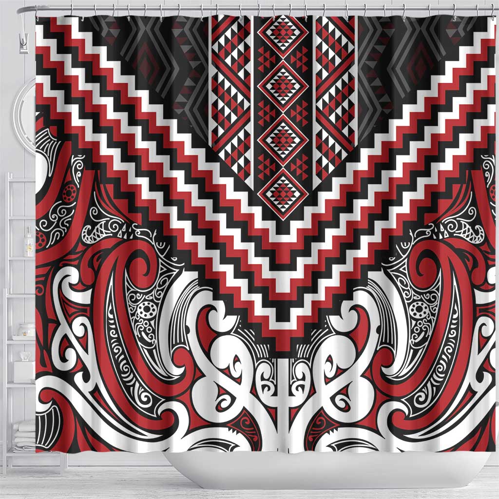 Maori Tukutuku Taniko Motifs Shower Curtain Red Poutama Mix Kowhaiwhai LT7 - Polynesian Pride
