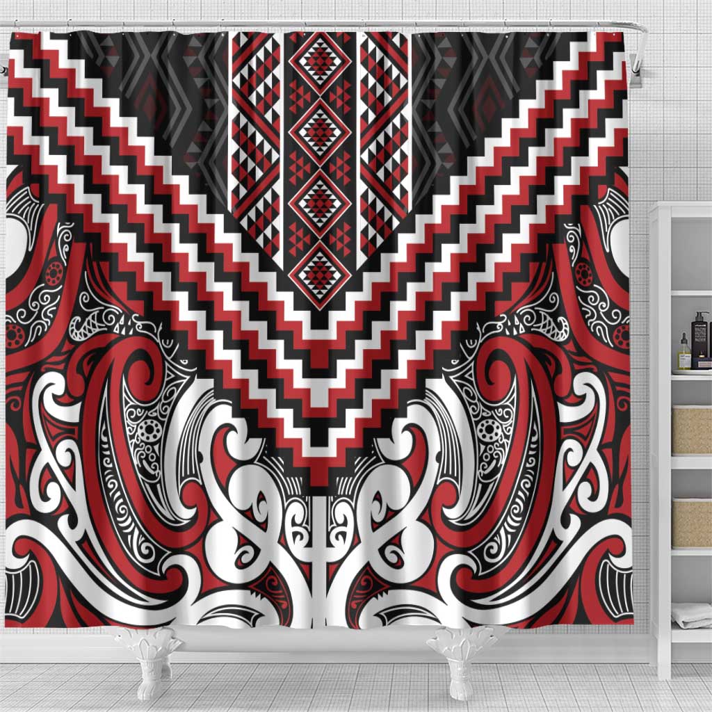 Maori Tukutuku Taniko Motifs Shower Curtain Red Poutama Mix Kowhaiwhai LT7 - Polynesian Pride