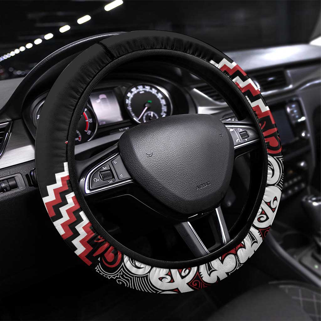 Maori Tukutuku Taniko Motifs Steering Wheel Cover Red Poutama Mix Kowhaiwhai LT7 Universal Fit Red - Polynesian Pride