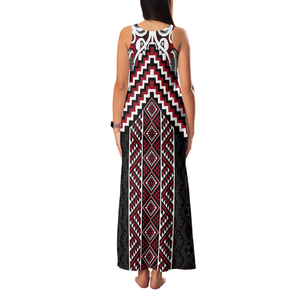 Maori Tukutuku Taniko Motifs Tank Maxi Dress Red Poutama Mix Kowhaiwhai LT7 - Polynesian Pride