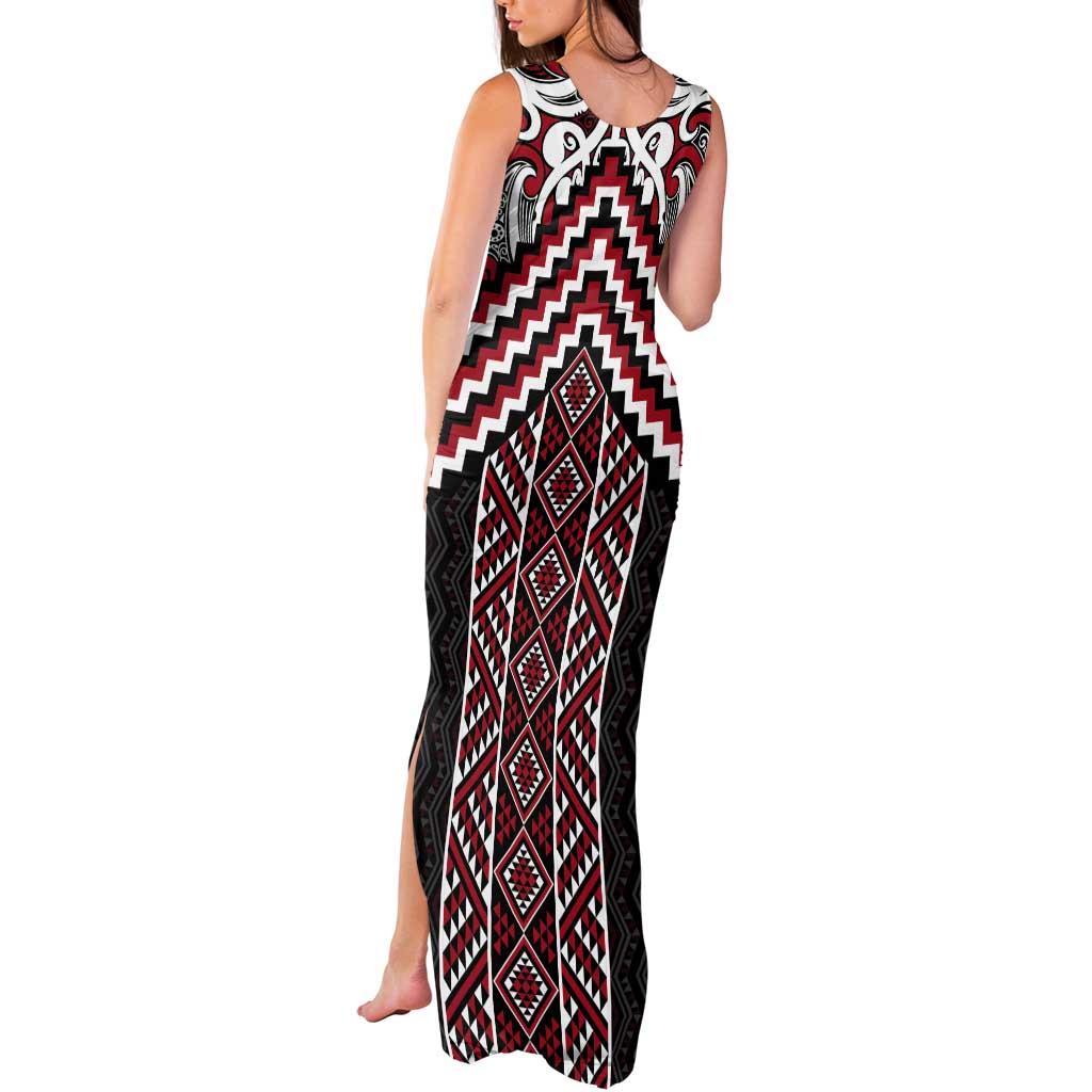 Maori Tukutuku Taniko Motifs Tank Maxi Dress Red Poutama Mix Kowhaiwhai LT7 - Polynesian Pride