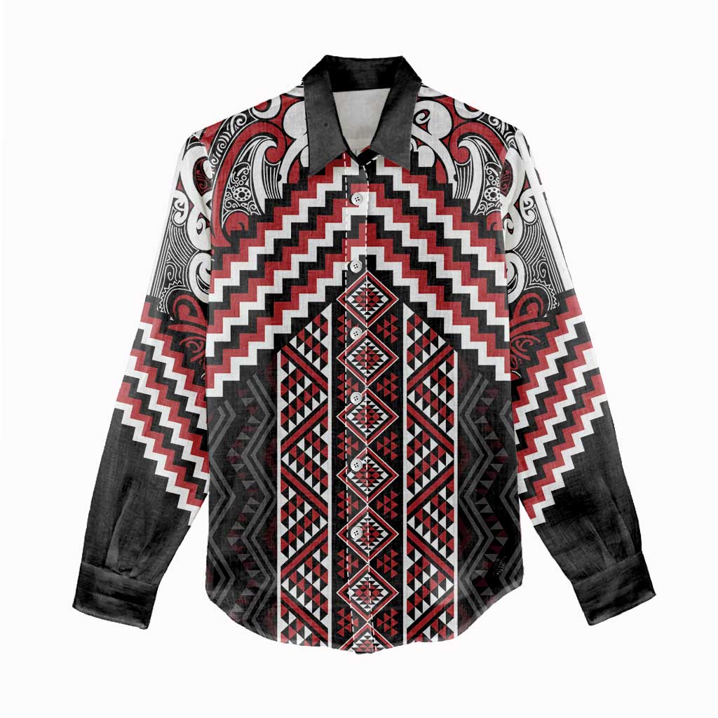 Maori Tukutuku Taniko Motifs Women Casual Shirt Red Poutama Mix Kowhaiwhai LT7 - Polynesian Pride